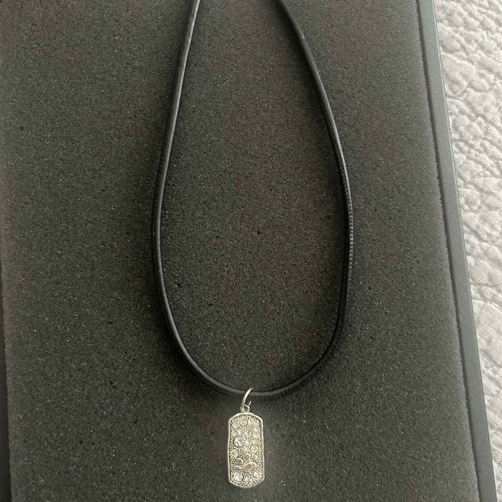 Black Leather Necklace with Silver Pendant with dog paw with crystals